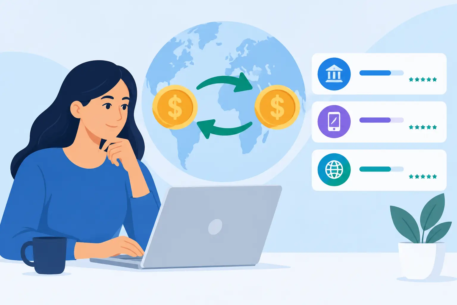 Illustration of a woman at a laptop comparing money transfer providers, with coins being exchanged across a globe