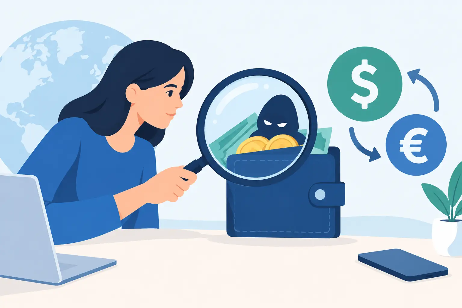 Illustration of a woman examining a wallet through a magnifying glass, revealing a hidden thief among the money, with dollar and euro symbols being exchanged