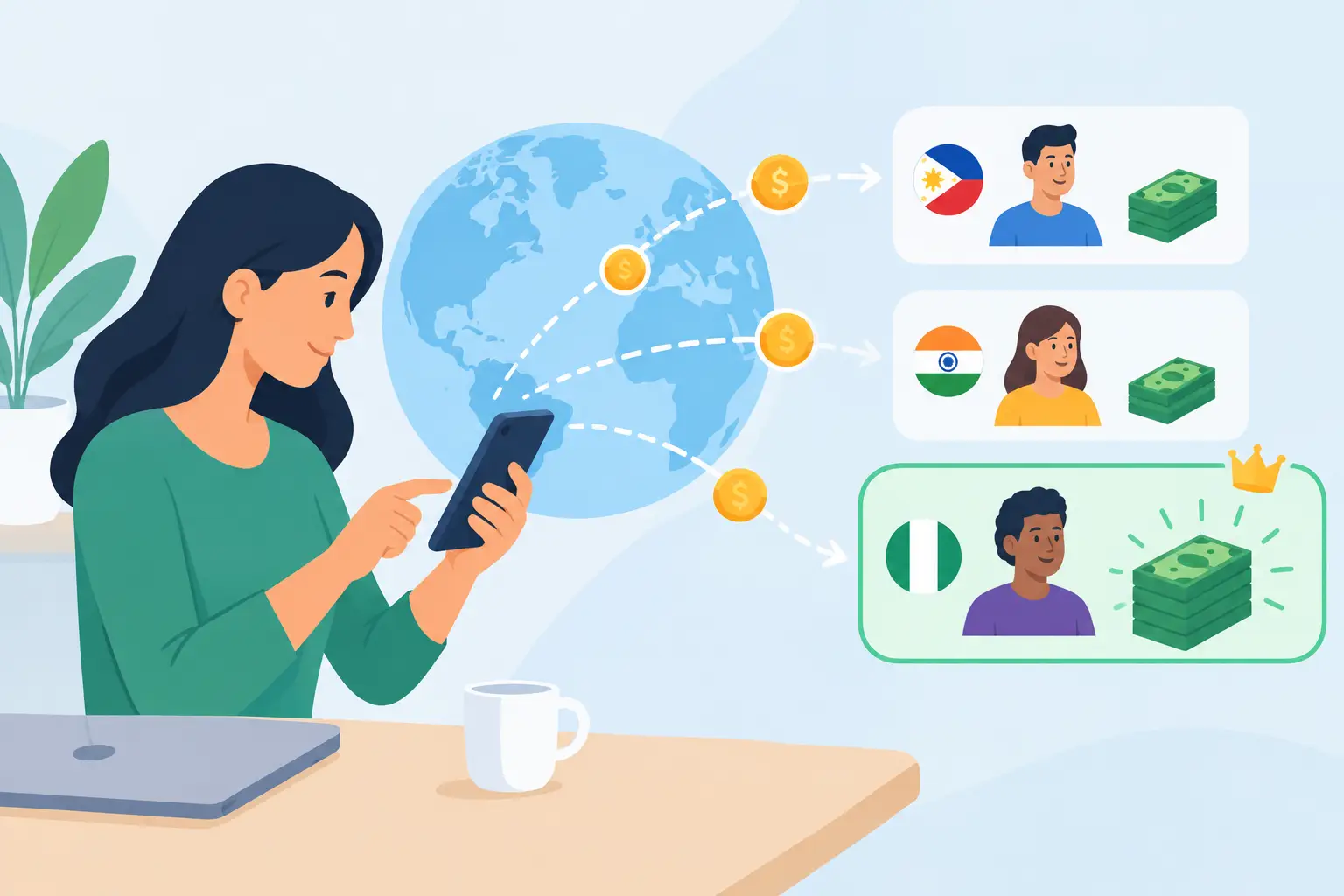 Illustration of a woman on her phone sending money to recipients in the Philippines, India and Nigeria, with the largest payout highlighted