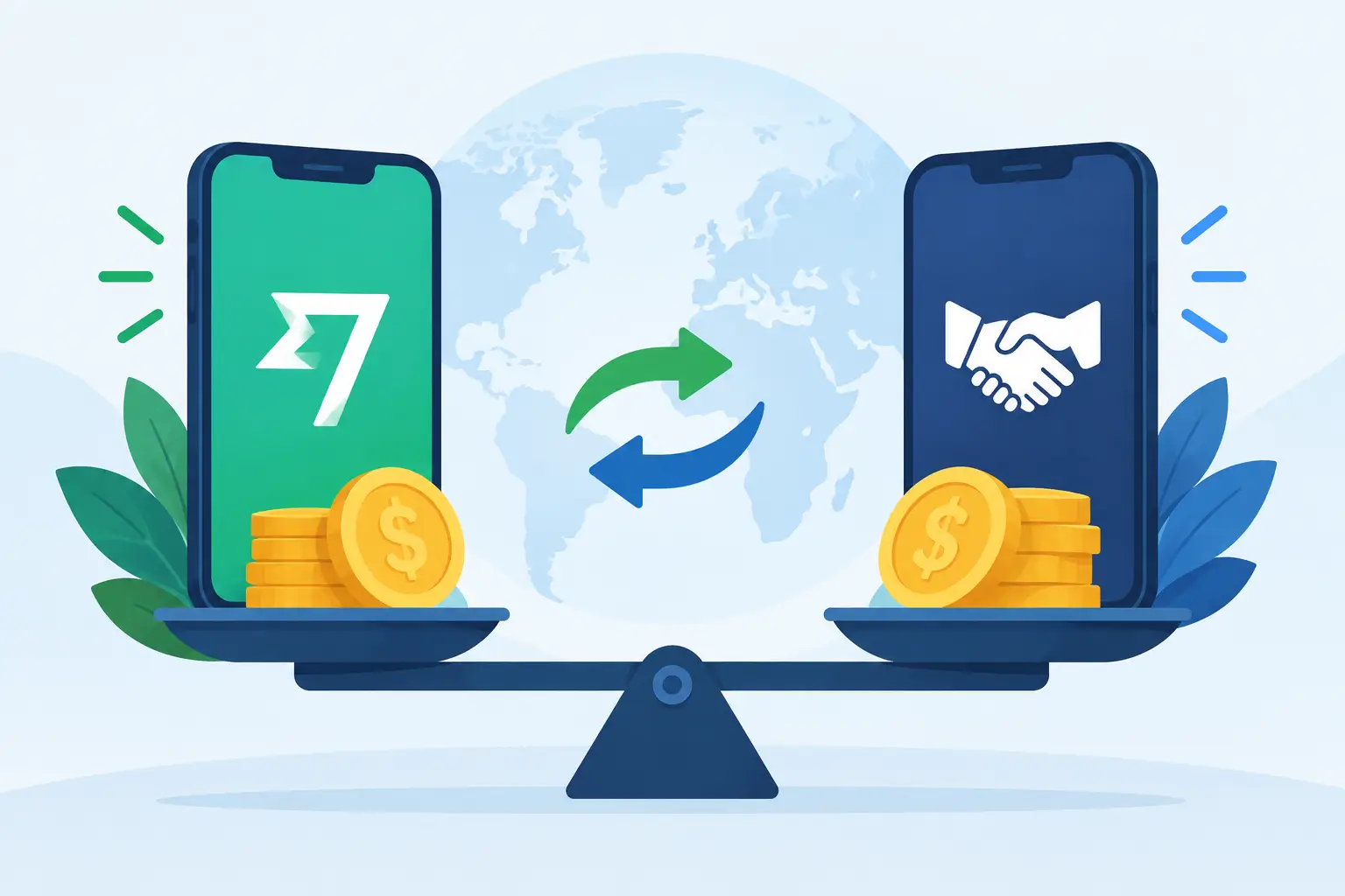Illustration of two phones on a balance scale with stacks of coins, comparing two money transfer apps