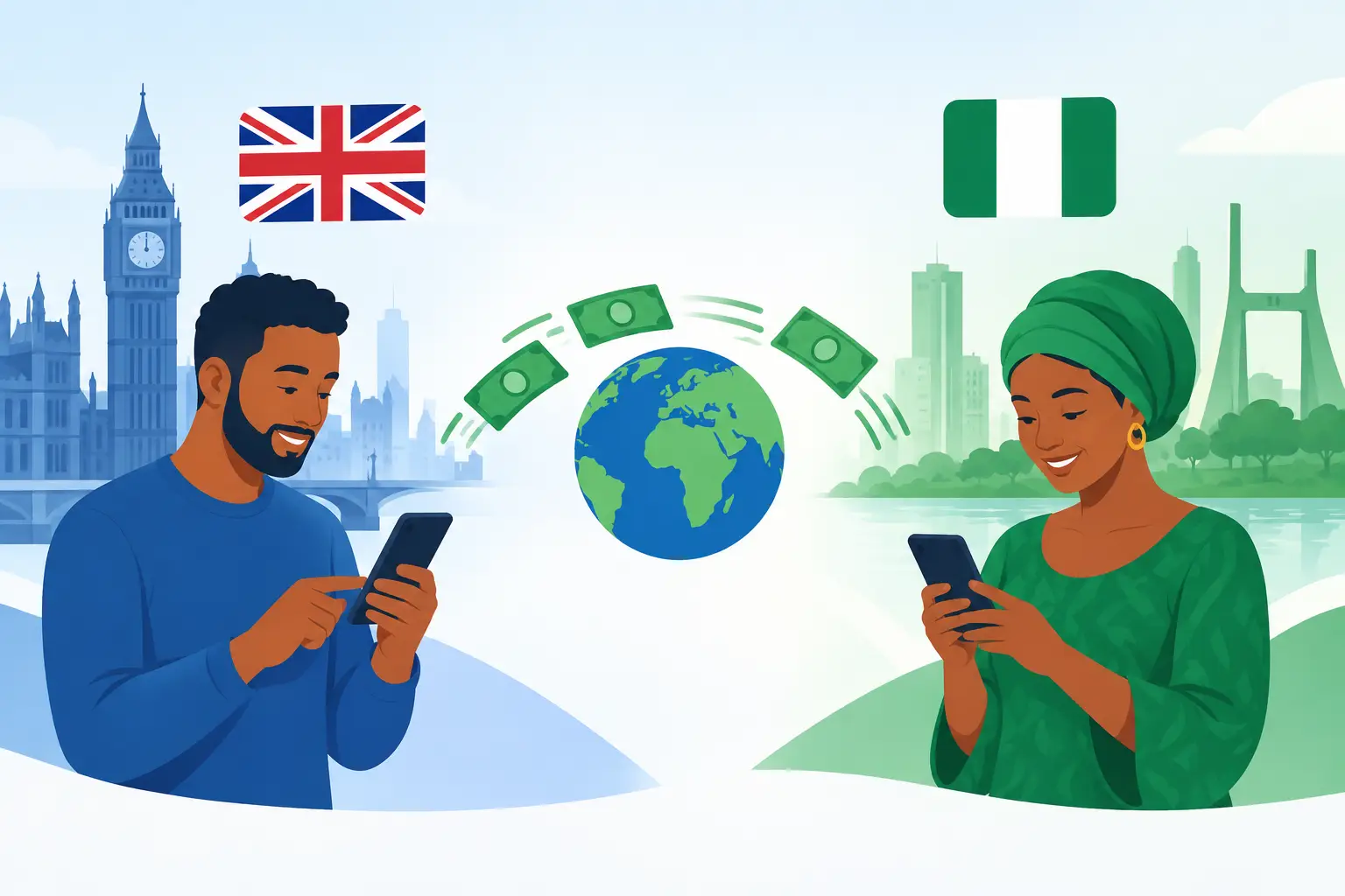 Illustration of a man in London and a woman in Nigeria on their phones, with banknotes travelling across a globe between them