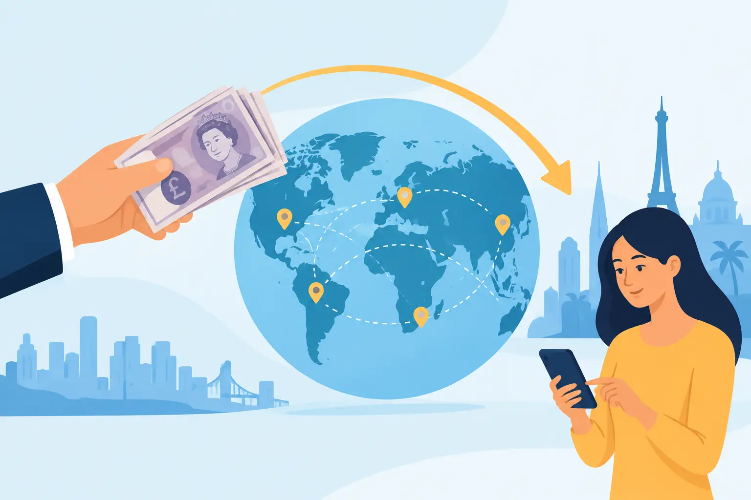 Illustration of a hand holding pound notes, sending money across a globe to a woman receiving it on her phone