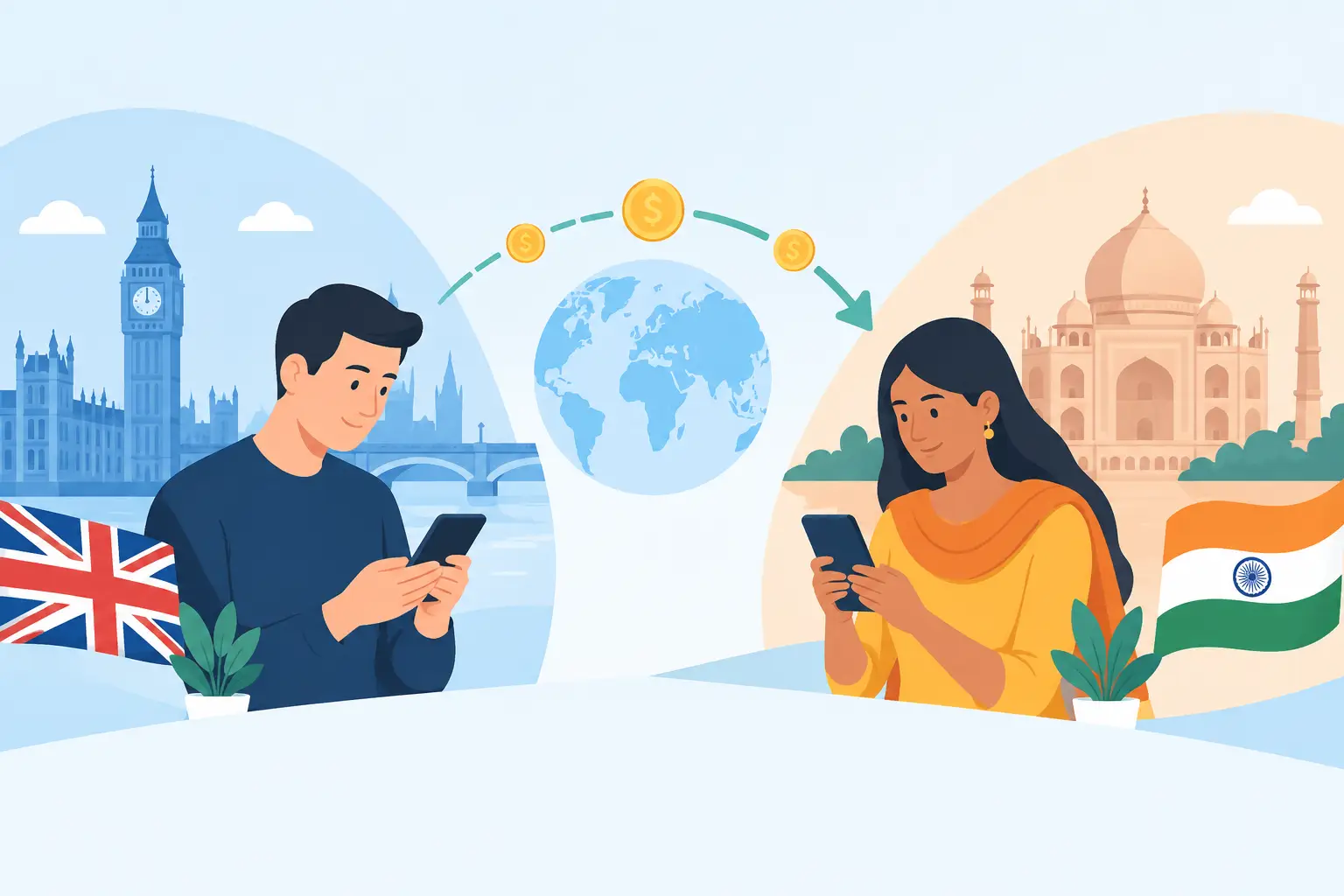 Illustration of a man in London and a woman in India using their phones to send and receive money, with coins travelling across a globe
